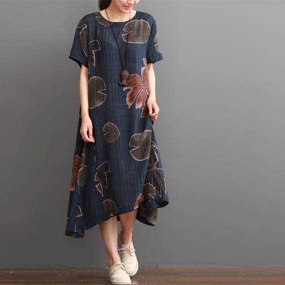 Navy Floral Linen Dress Summer Dresses Plus Size Sundress Short Sleeve