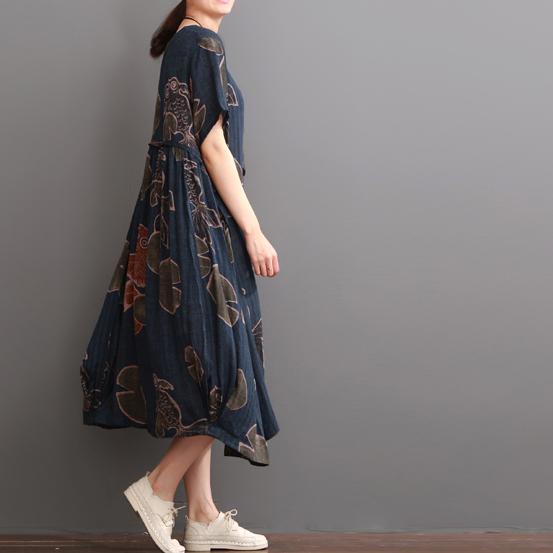 Navy Floral Linen Dress Summer Dresses Plus Size Sundress Short Sleeve