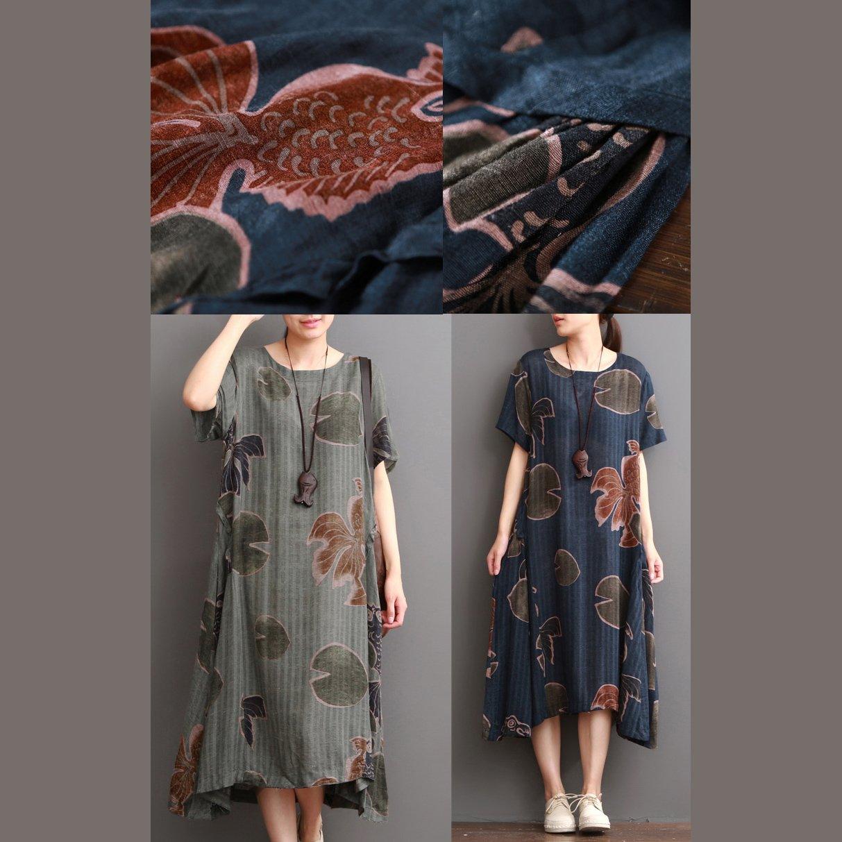 Navy Floral Linen Dress Summer Dresses Plus Size Sundress Short Sleeve