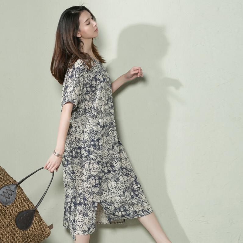 Navy Floral Linen Summer Maxi Dress Loose Long Sundress Casual Holiday Dresses ( Limited Stock)
