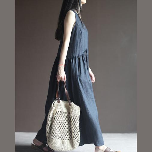 Navy linen dresss for summer maxi dresses sleeveless long sundress casual dresses