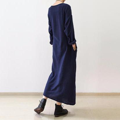 Navy oversize long sleeve linen dress plus size linen maxi dresses caftans