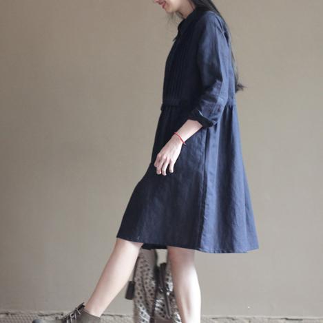 Navy pleated breast cotton dresses original design linen dress