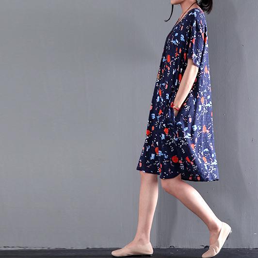 Navy print cotton dress for summer short shift dress plus size