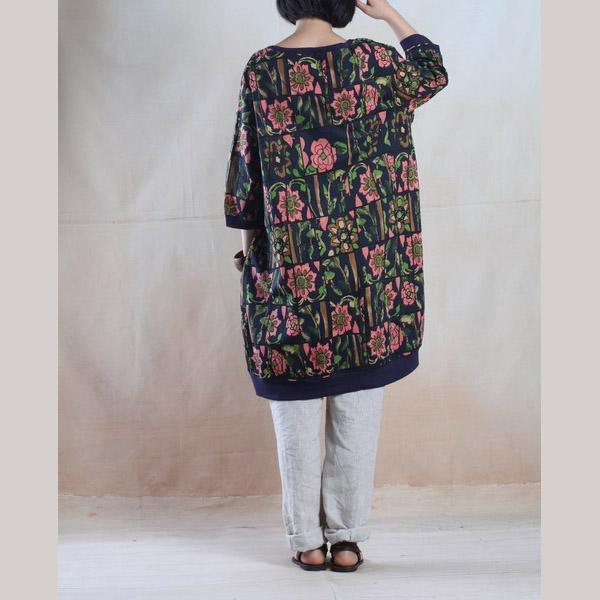 Navy print oversize cotton summer dress plus size sundress 3 quarter sleeve