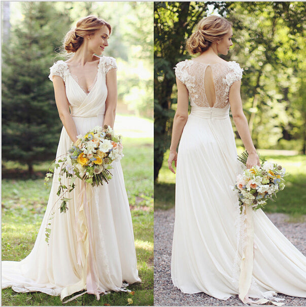 New Arrival Deep V-Neck Chiffon Bridal Gown A-Line Short Sleeve Ruffles Flower Beach Wedding Dress