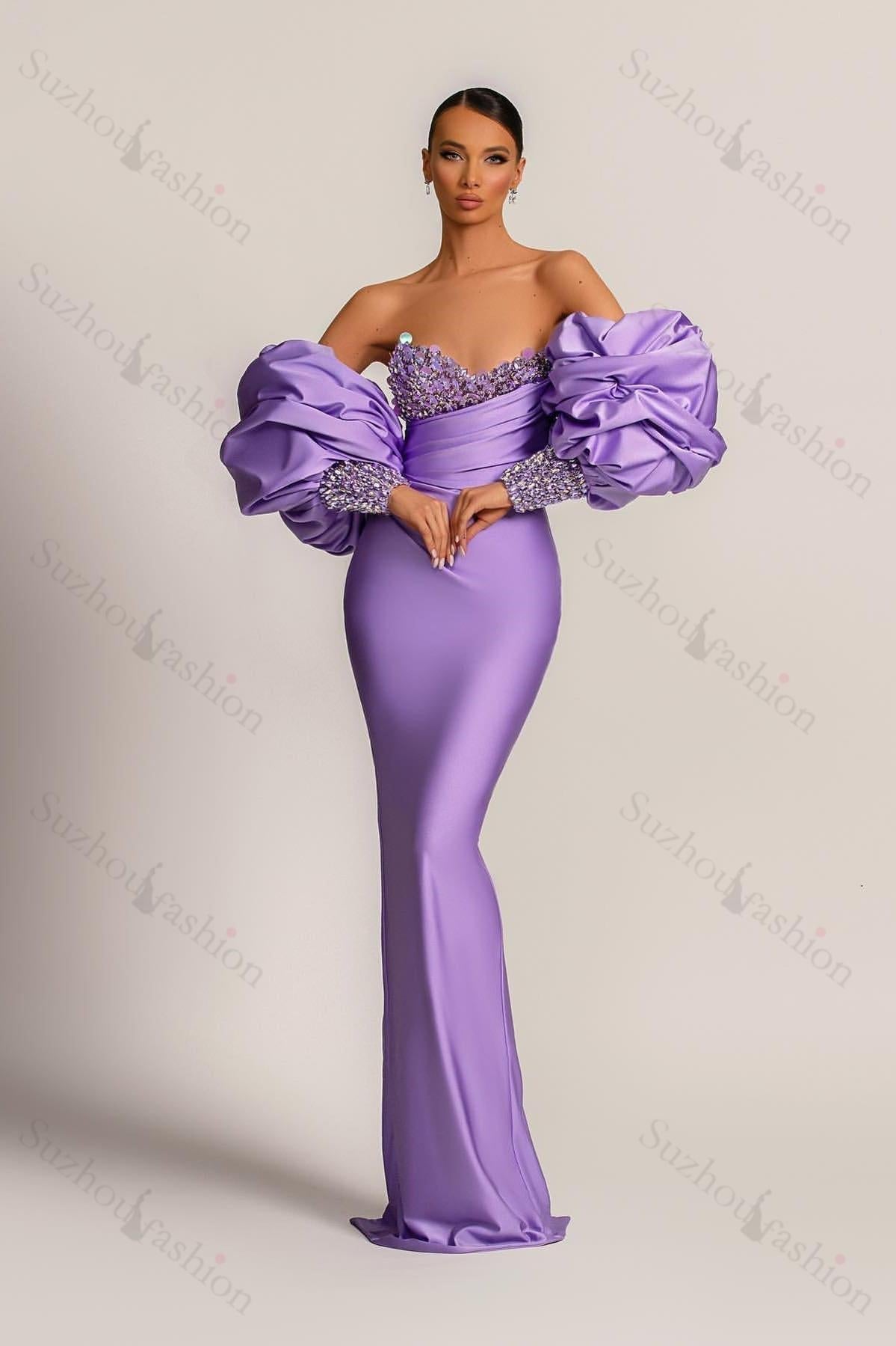 New Arrival Lilac Detachable Sleeves Evening Prom Dresses Mermaid Sweetheart With Sequins