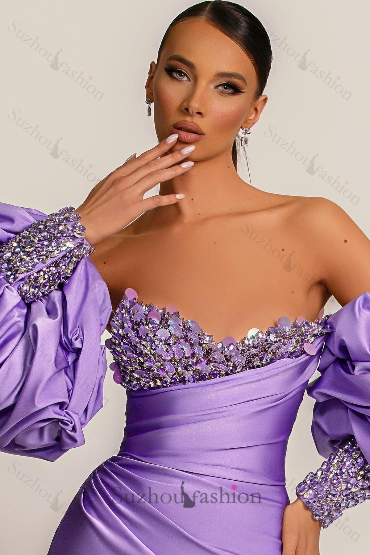 New Arrival Lilac Detachable Sleeves Evening Prom Dresses Mermaid Sweetheart With Sequins