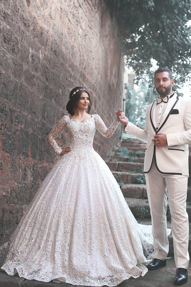 New Arrival Long Sleeve  Bridal Dress Lace Applique Custom Made Wedding Dresses MH069