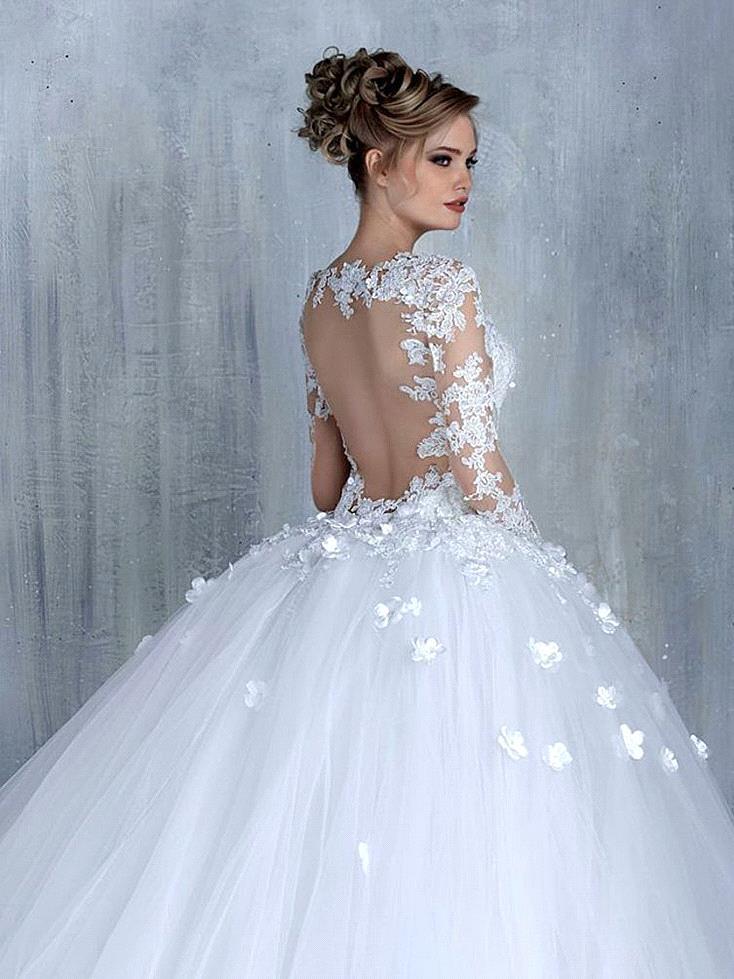 New Arrival Long Sleeve Lace Bridal Gowns Tulle Open Back Court Train Wedding Dresses
