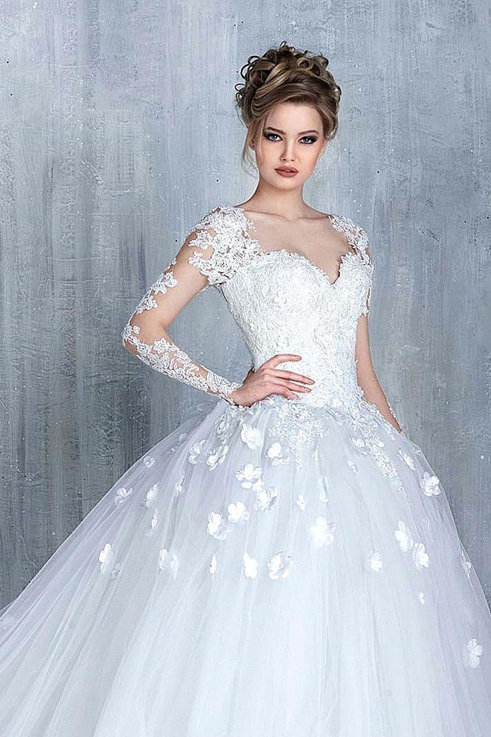 New Arrival Long Sleeve Lace Bridal Gowns Tulle Open Back Court Train Wedding Dresses
