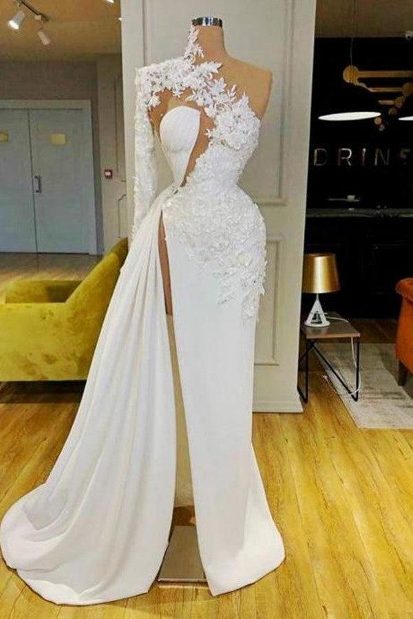 New Arrival One Shoulder Long Sleeve Evening Prom Dresses With Lace Appliques Side Slit