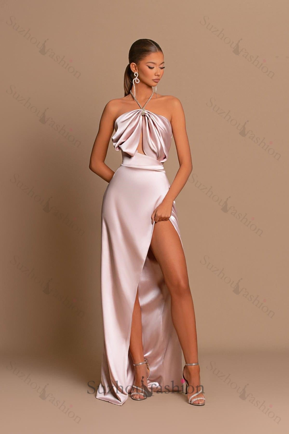 New Arrival Pink Halter Evening Prom Dresses Mermaid Sleeveless With Slit