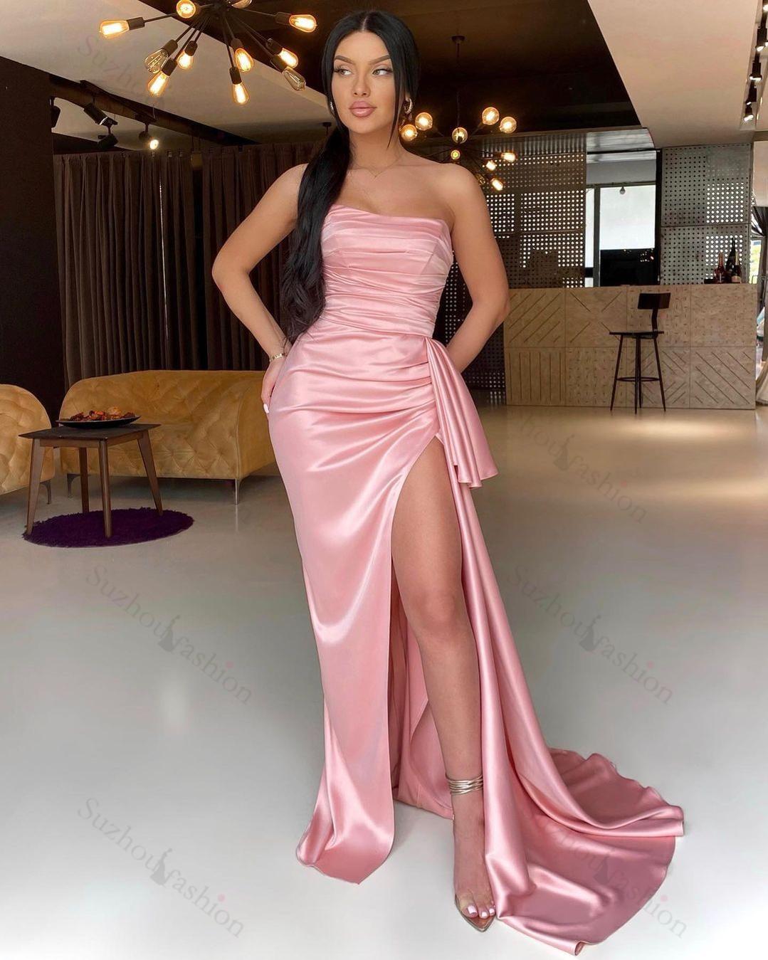 New Arrival Pink Strapless Pleated Evening Prom Dresses Mermaid Long With Slit