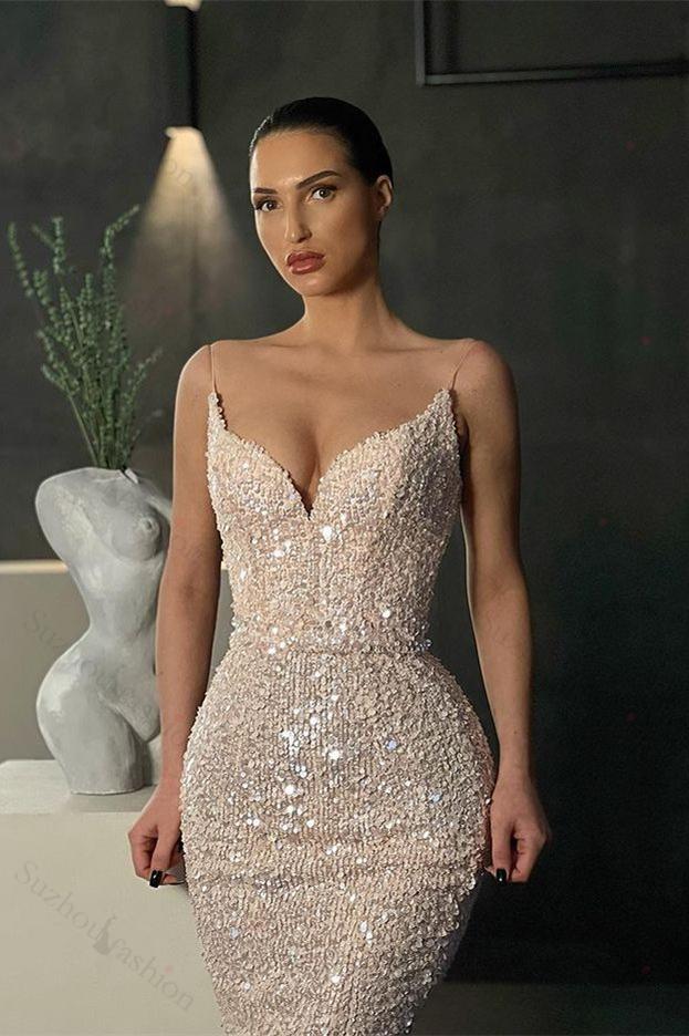 New Arrival Spaghetti-Straps Sequins Evening Prom Dresses Mermaid Sleeveless