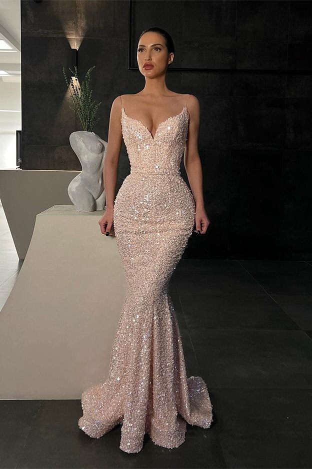 New Arrival Spaghetti-Straps Sequins Evening Prom Dresses Mermaid Sleeveless