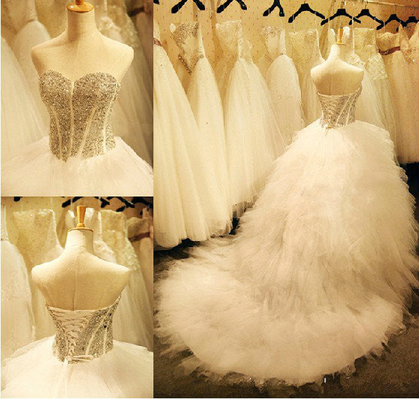 New Arrival Sweetheart Crystal Bridal Gown Gorgeous Lace-Up Organza Long Wedding Dresses