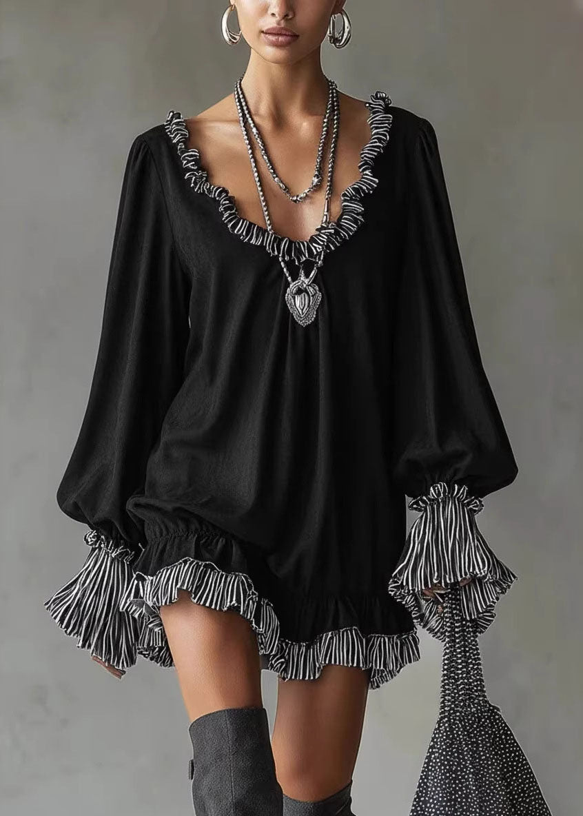 New Black Ruffled Patchwork Cotton Mid Dress Fall
