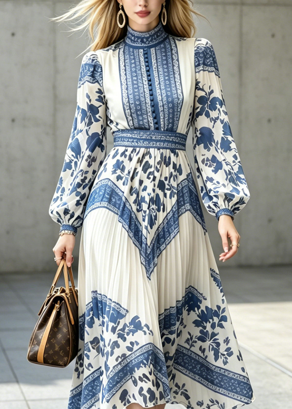 New Chinese Style Blue And White Porcelain Printed Chiffon Dress