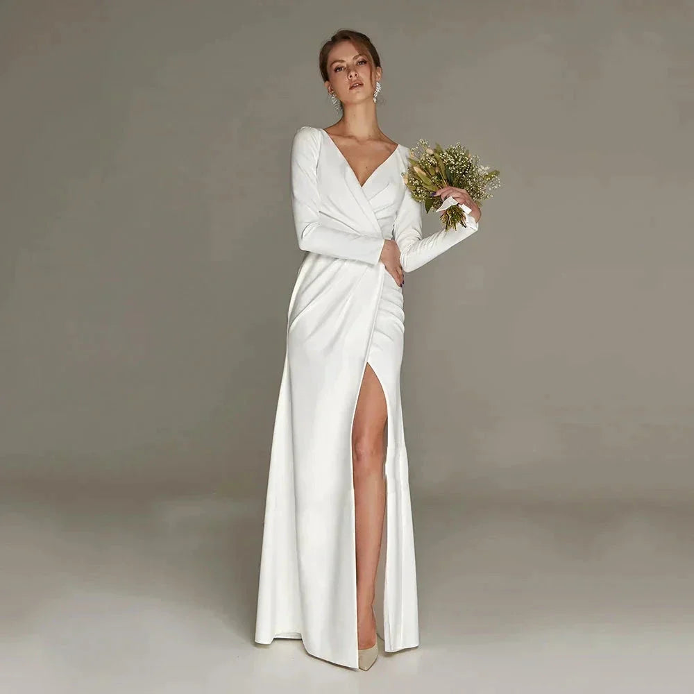 New Civil Wedding Dress V-neck Floor Length White Side Slit Bridal Gown For Bride Lawn 2023 Engagement Party Vestidos Novia (ZD13404)