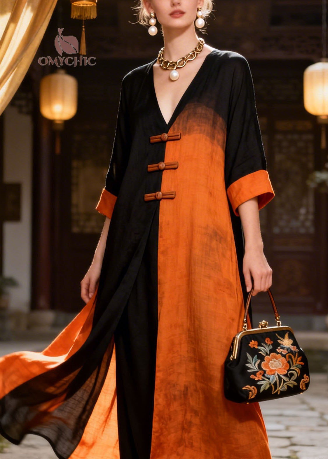 New Colorblock V Neck Oriental Button Patchwork Cotton Long Dresses Summer