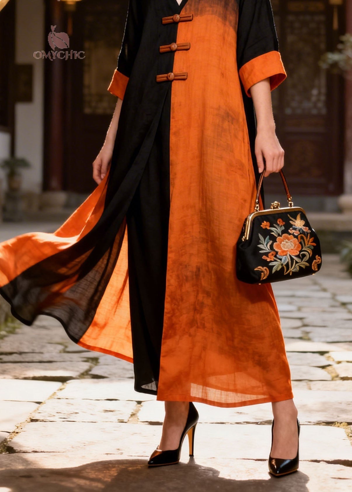 New Colorblock V Neck Oriental Button Patchwork Cotton Long Dresses Summer