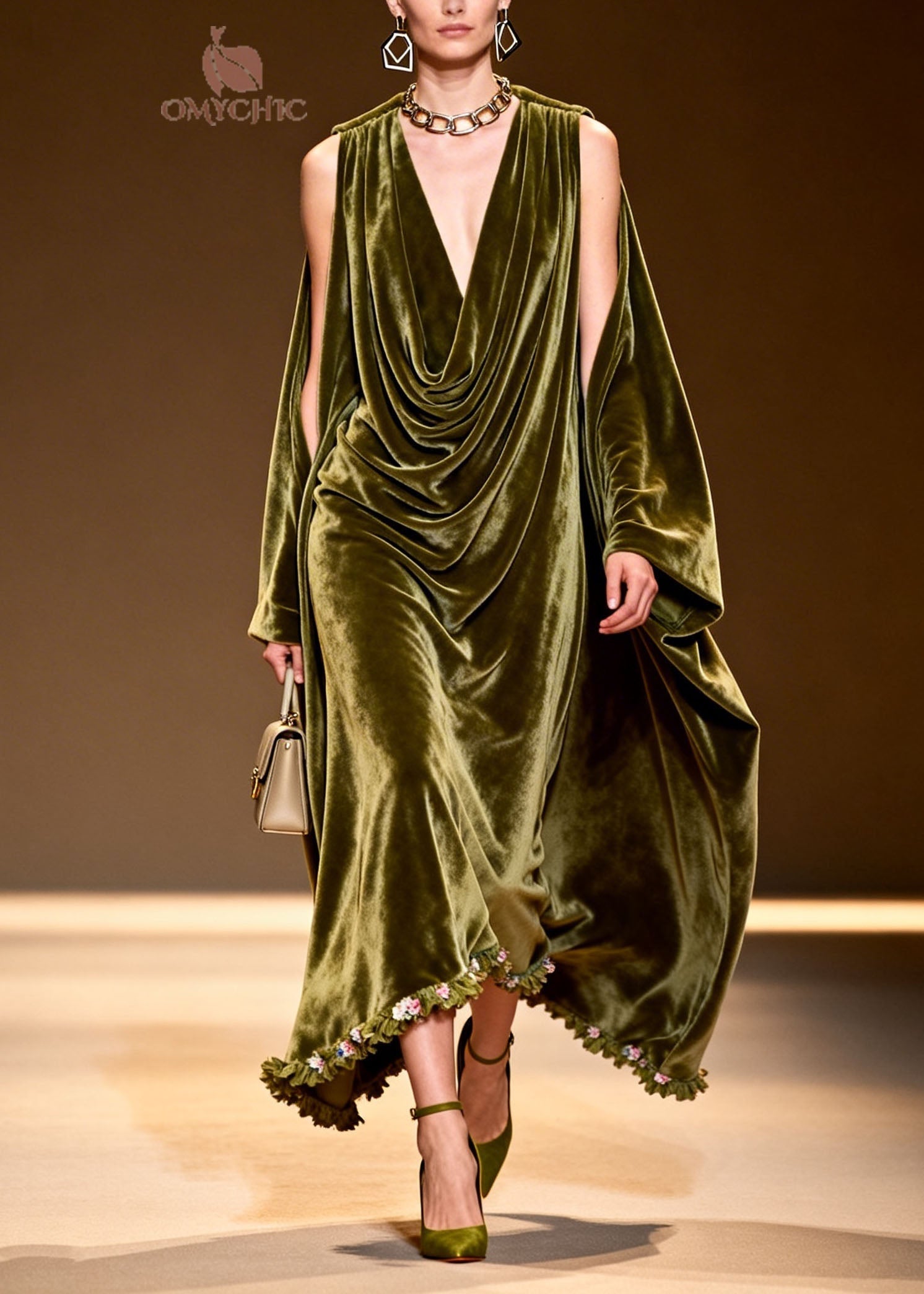 New Green Floral Patchwork Cold Shoulder Velvet Long Dress Fall