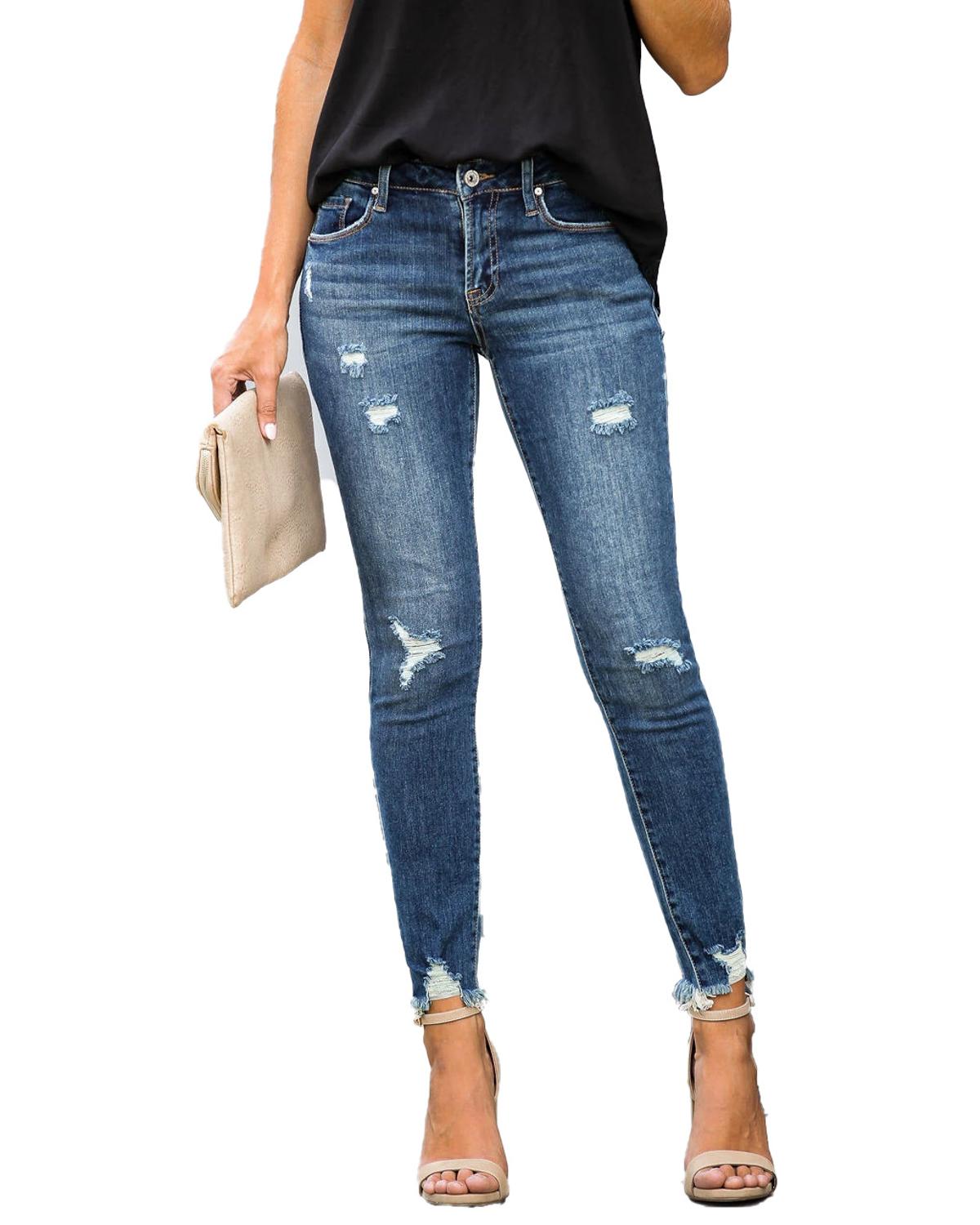 Waist Skinny Jeans Vintage Distressed Denim Holes Destroyed Pencil Pants