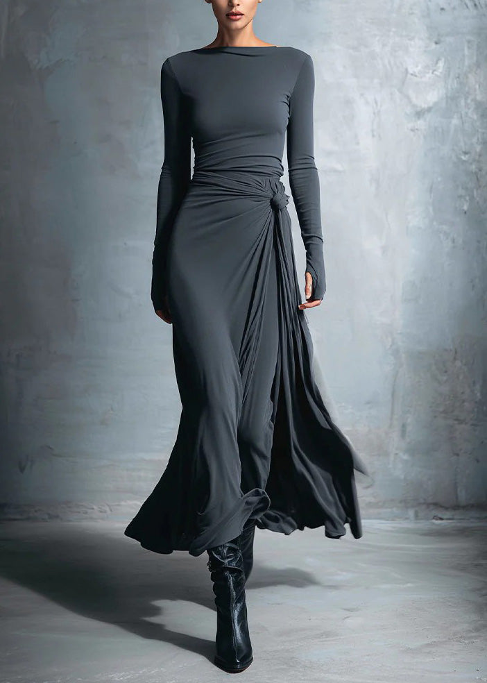 New Minimalist Grey Slash Neck Slim Fit Long Dress Spring