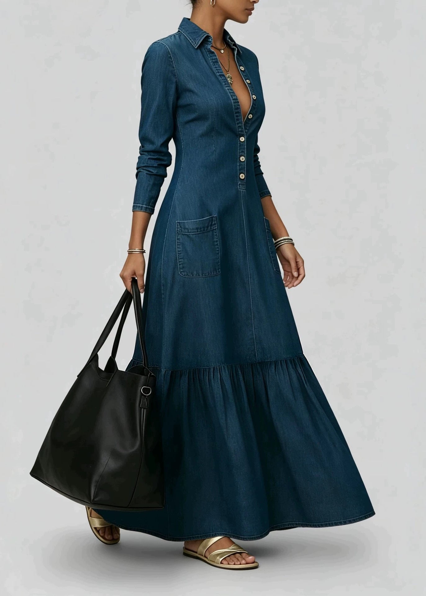 New Navy Peter Pan Collar Pockets Patchwork Denim Dresses Long Sleeve