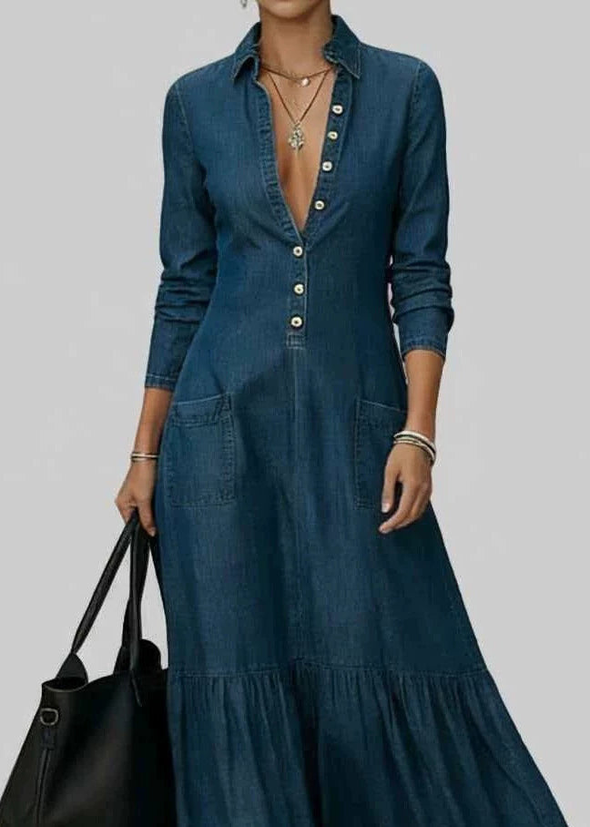 New Navy Peter Pan Collar Pockets Patchwork Denim Dresses Long Sleeve