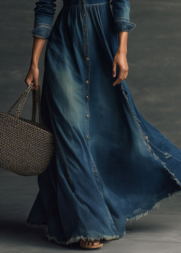 New Navy Peter Pan Collar Pockets Patchwork Denim Long Dress Fall