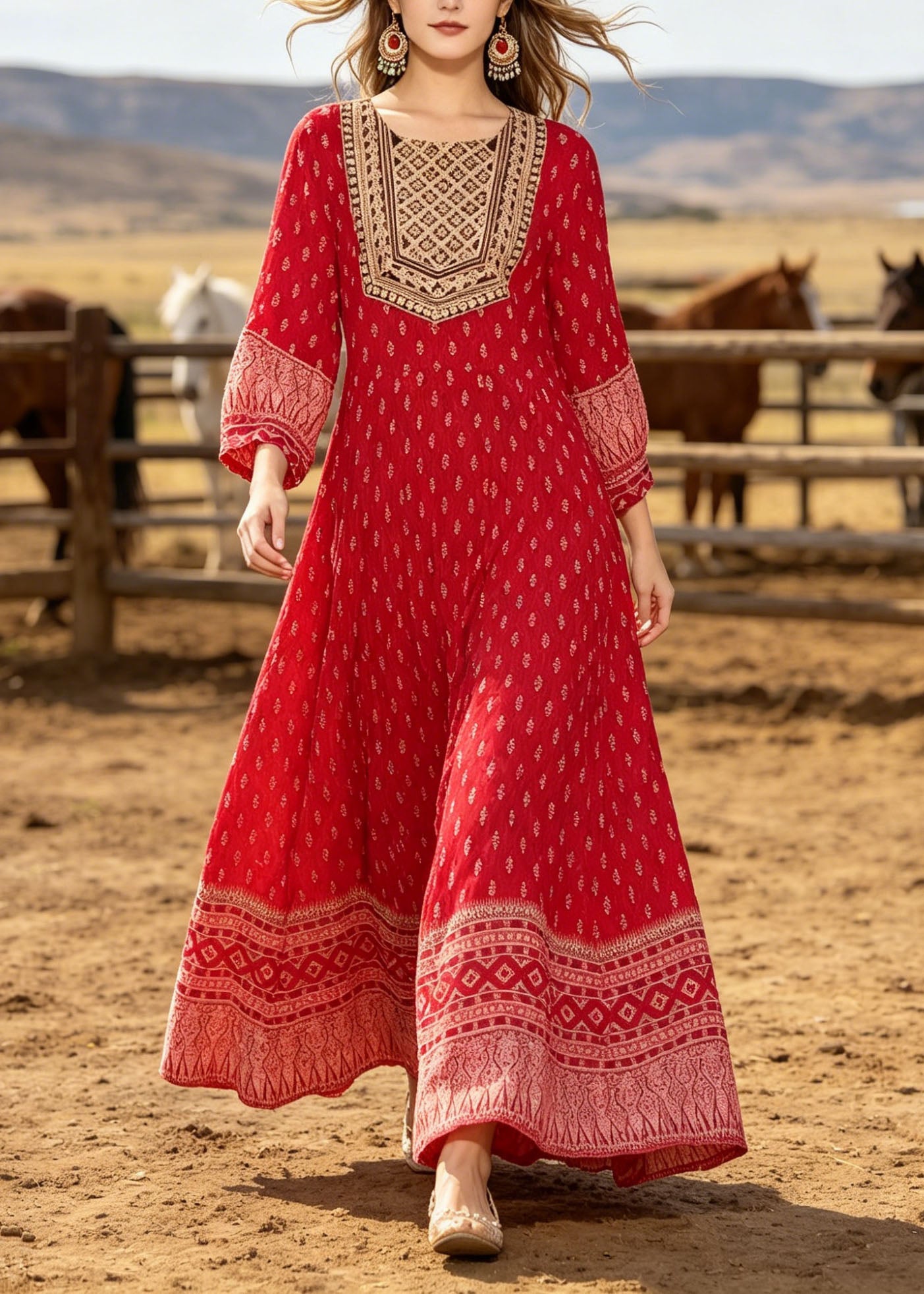 New Red O Neck Print Cotton Ankle Dress Summer