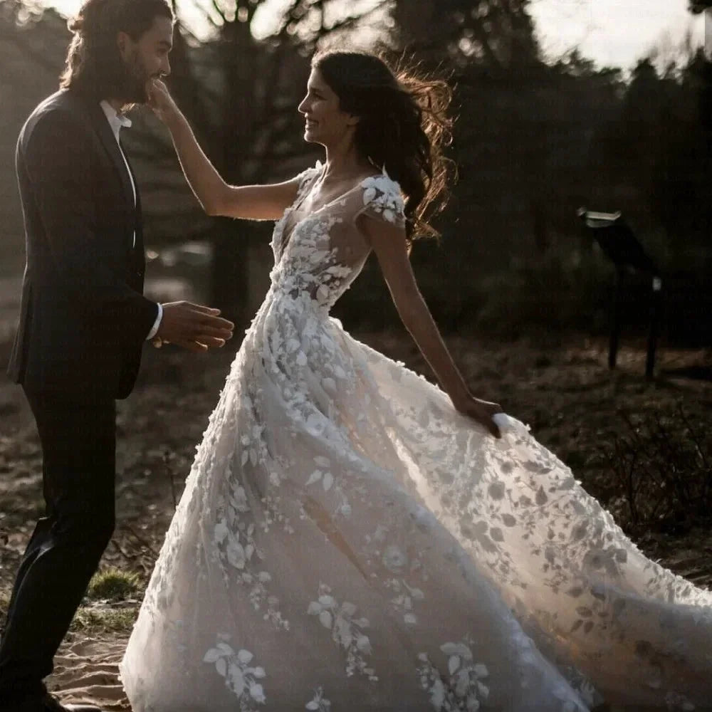 New Romantic Boho Country Wedding Dresses With 3D Flowers Sexy V-Neck Illusion Arabic Bridal Wedding Gowns (ZD14031)