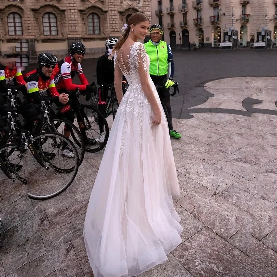 New Simple Wedding Dress V-Neck Vestidos De Novia Appliques Long Sleeves Vestido De Noiva Lace Robe De Mariée (ZD14058)