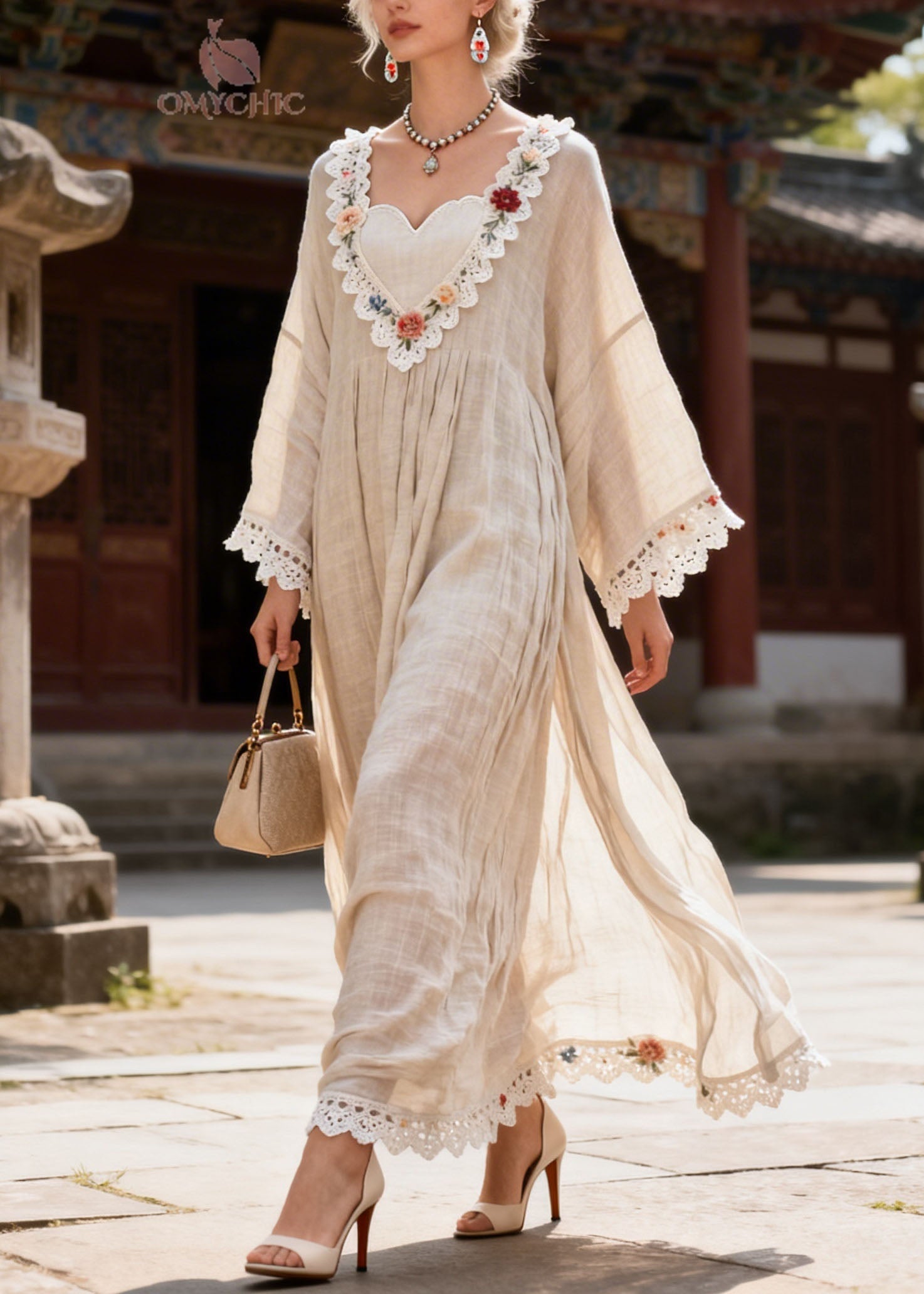 New V Neck Lace Floral Patchwork Cotton Dress Summer