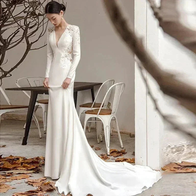 New White V-neck Mermaid Lace Real Photo 2023 Satin Wedding Dress Korean Style Zipper Wedding Gowns (ZD13377)
