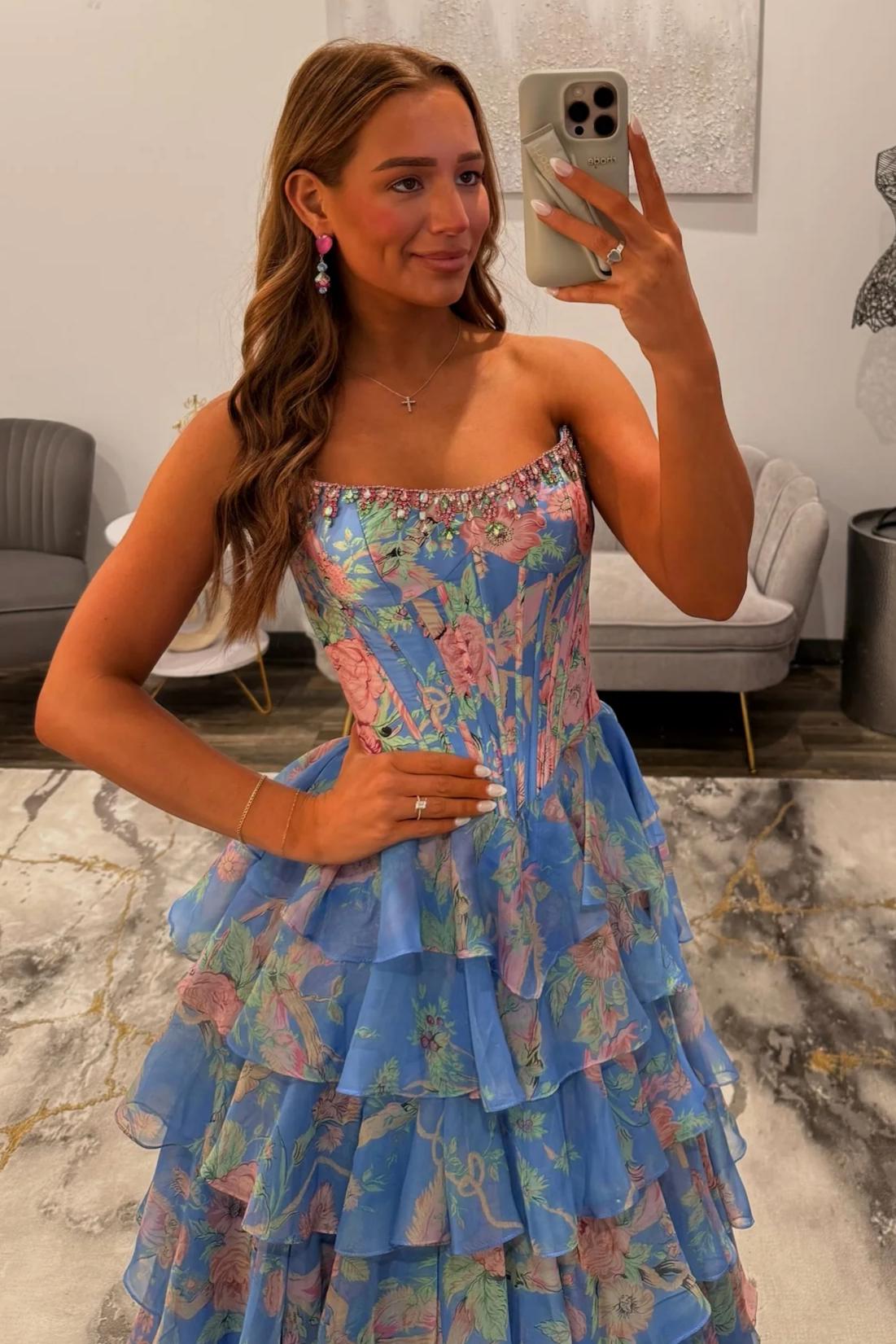 Glamorous A Line Floral Print Strapless Tiered Prom Dress with Fitted Corset