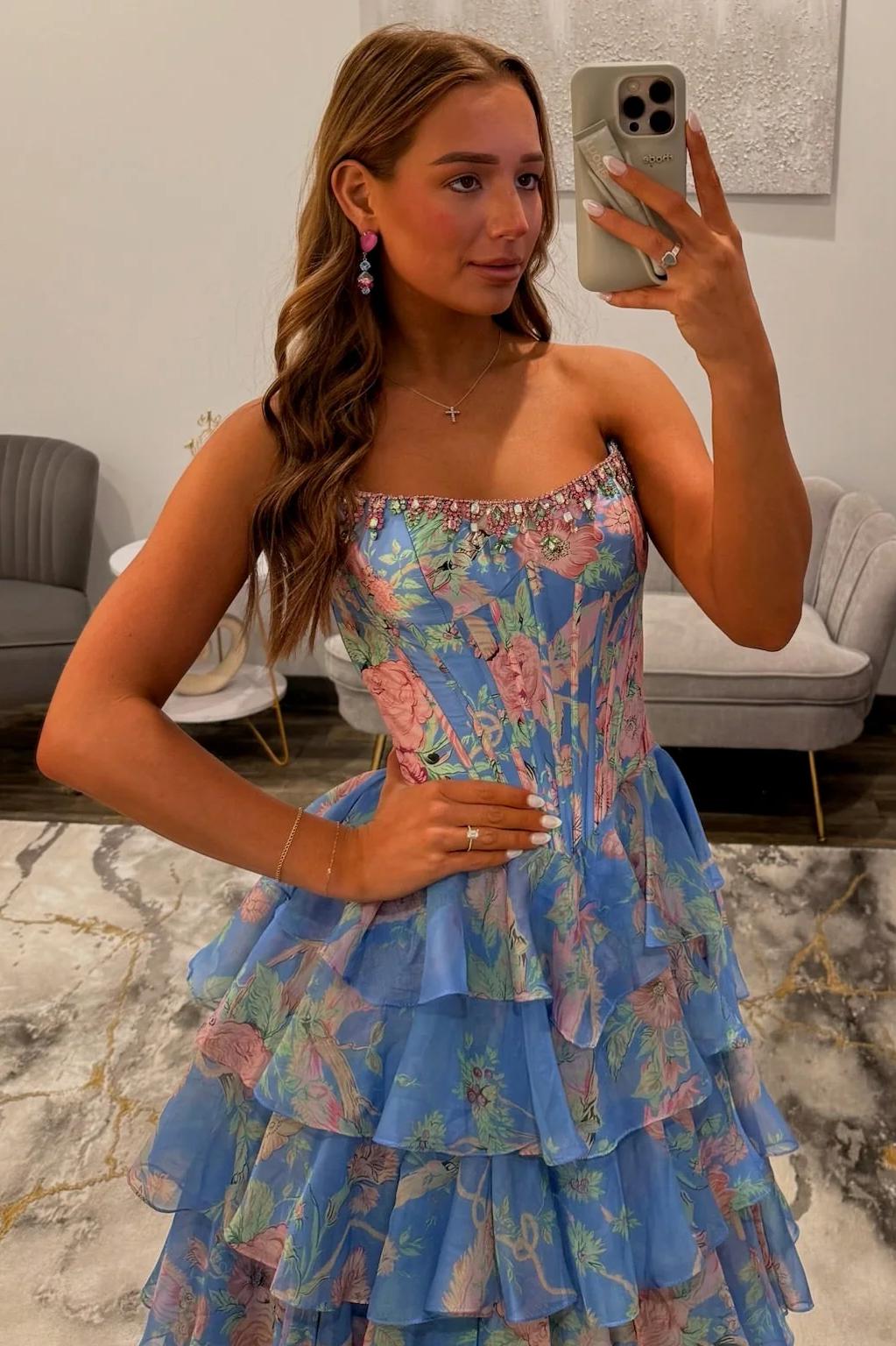Glamorous A Line Floral Print Strapless Tiered Prom Dress with Fitted Corset