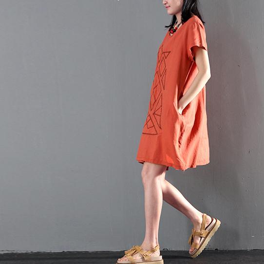 New orange linen sundress loose causal summer dresses short sleeve blouse