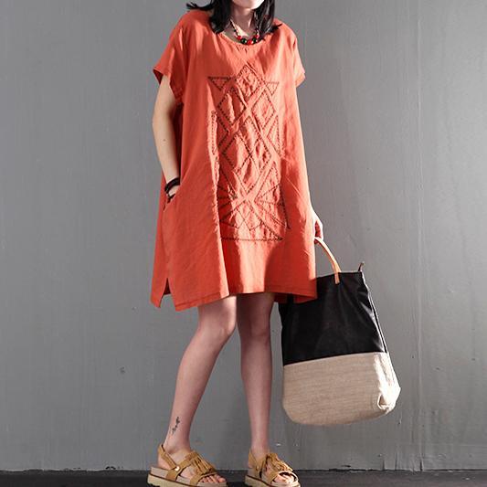 New orange linen sundress loose causal summer dresses short sleeve blouse