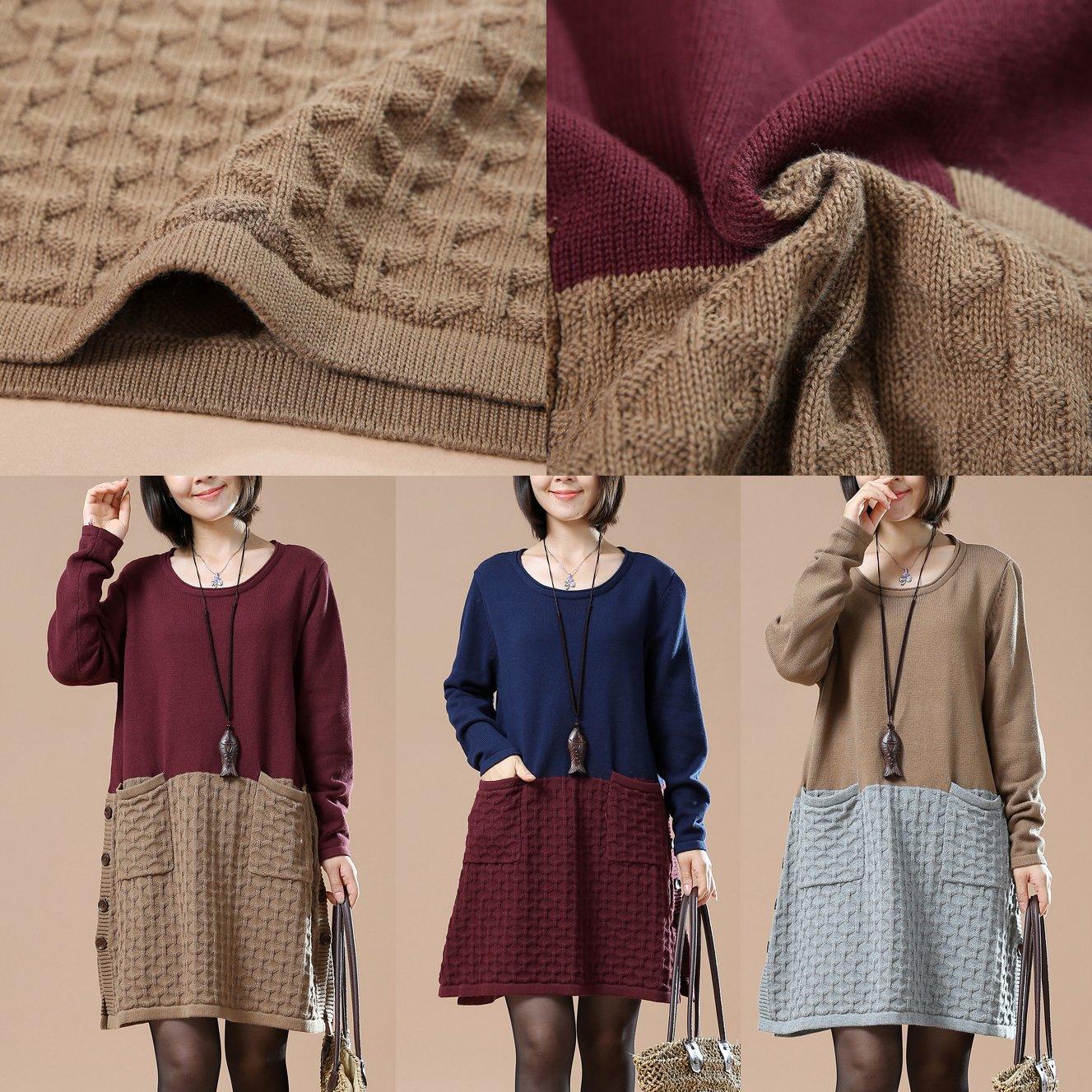 New pattern knit burgundy sweaters oversize dresses