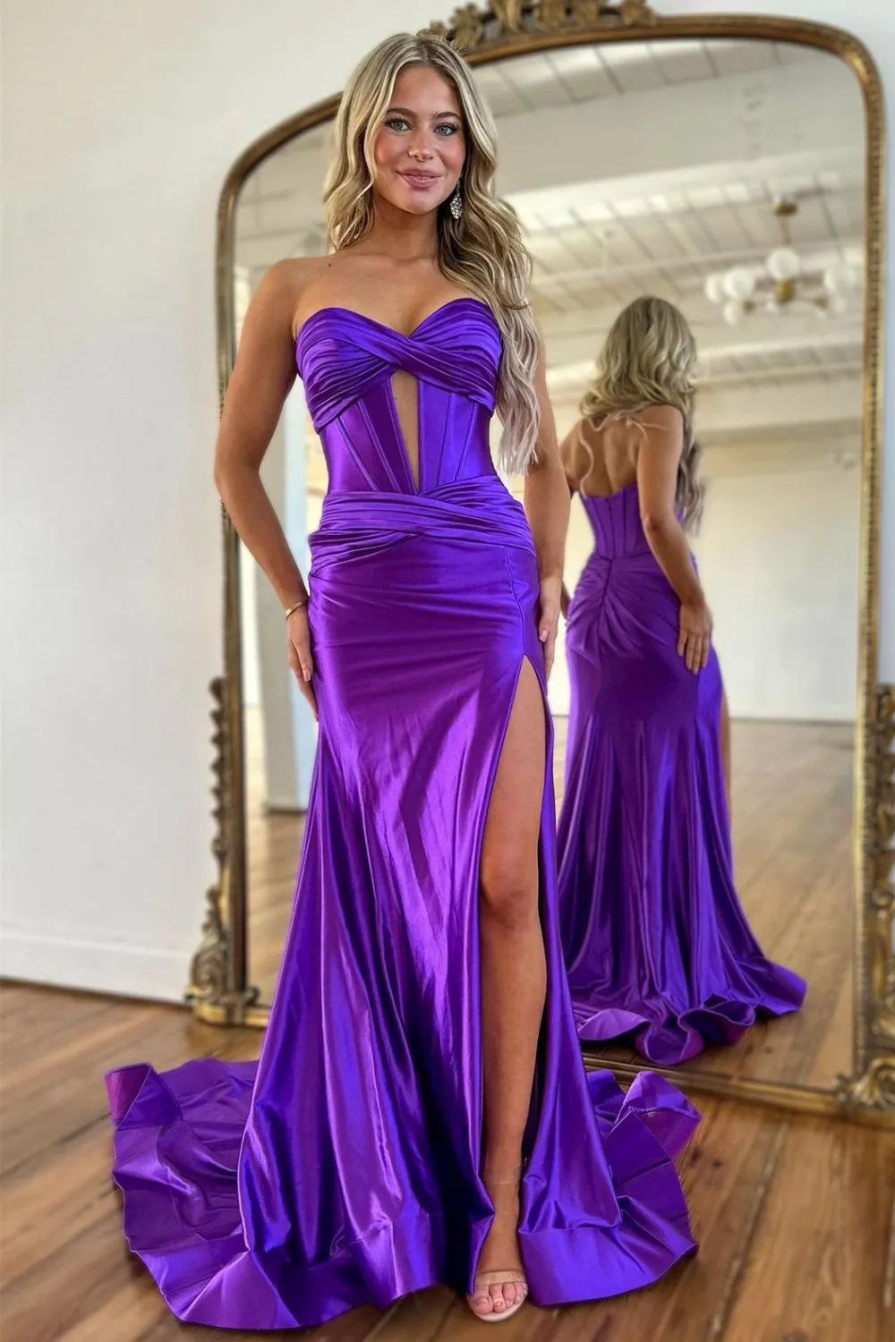 Satin Mermaid Strapless Long Prom Dress With Split - View 10 | VelvetHem