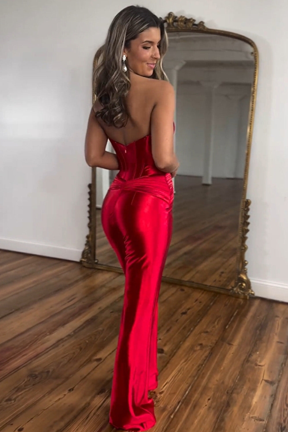 Stylish Red Sweetheart Zipper Back Long Satin Prom Jumpsuit - View 2 | VelvetHem