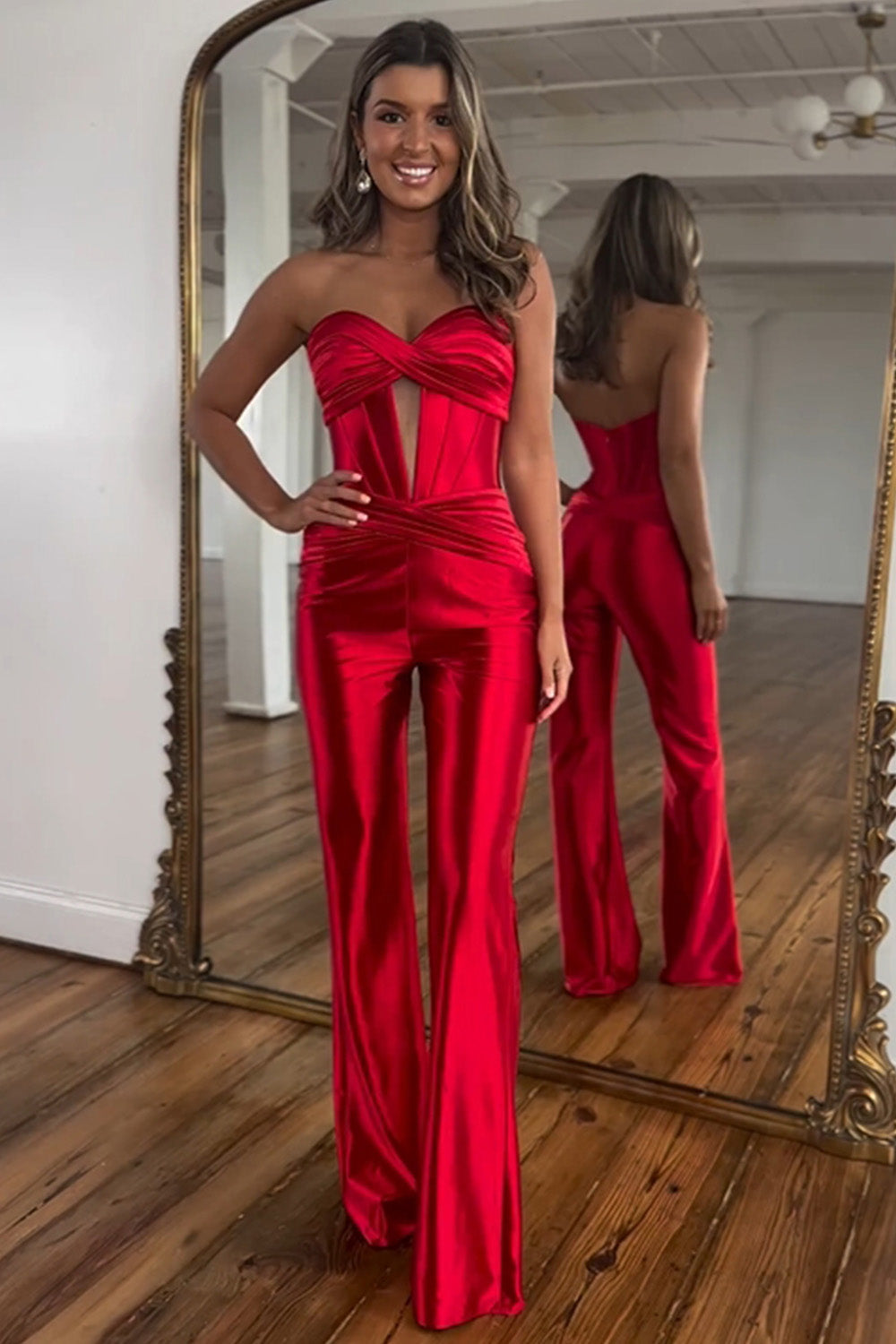 Stylish Red Sweetheart Zipper Back Long Satin Prom Jumpsuit - View 3 | VelvetHem