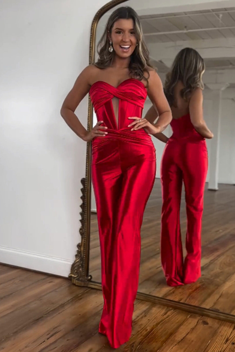Stylish Red Sweetheart Zipper Back Long Satin Prom Jumpsuit - View 4 | VelvetHem