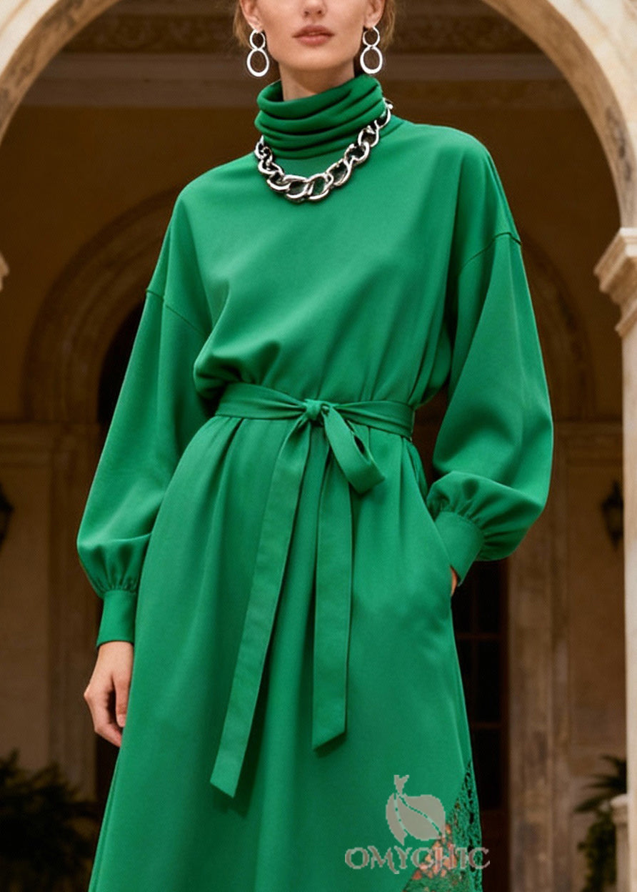 Novelty Green Turtleneck Patchwork Pockets Maxi Dresses Lantern Sleeve