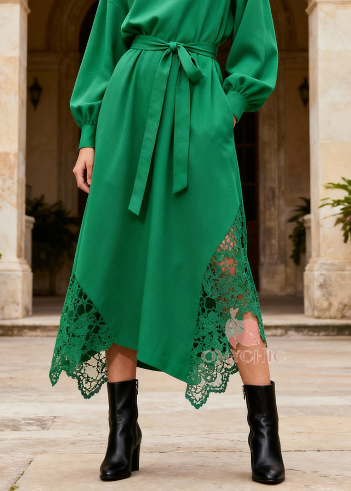 Novelty Green Turtleneck Patchwork Pockets Maxi Dresses Lantern Sleeve