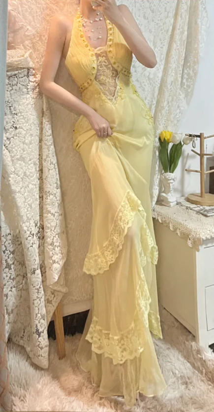 Classy Halter Yellow Lace Chiffon Beaded Mermaid Long Evening Gown Party Dress - View 2 | VelvetHem