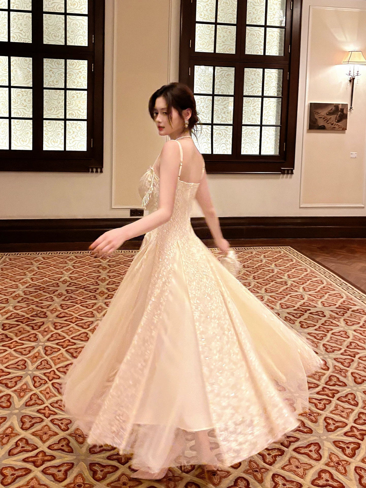 Sexy A line Spaghetti Straps Apricot Lace Prom Dresses Wedding Guest Dress